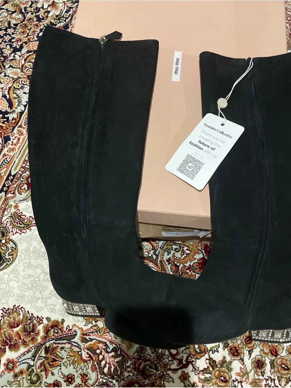 Miu Miu Black Suede Over-the-Knee Boots with Embellished Heel